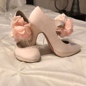 Petal Pink Suede Heels with Floral Embellishment
